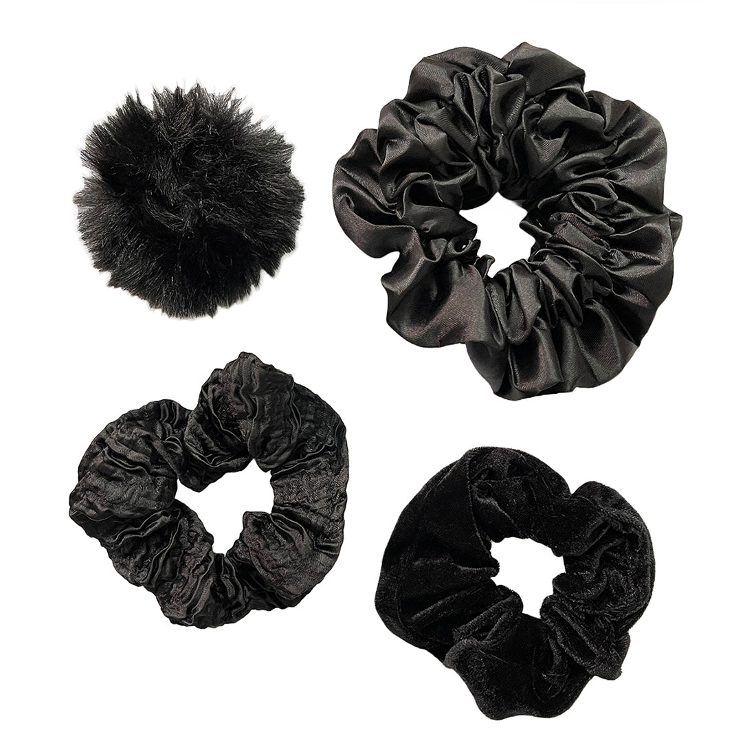 Set Of Four Velvet, Fur, Satin, Crushed Black Scrunchie Hair Ties
