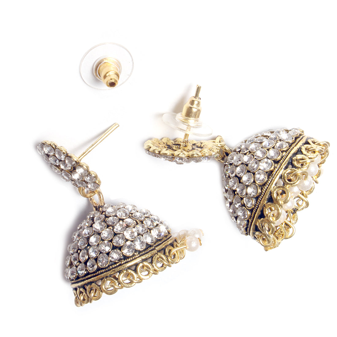 Ethnic Gold-Toned Rhinestone Studded Jhumki Pearl Drop Earrings