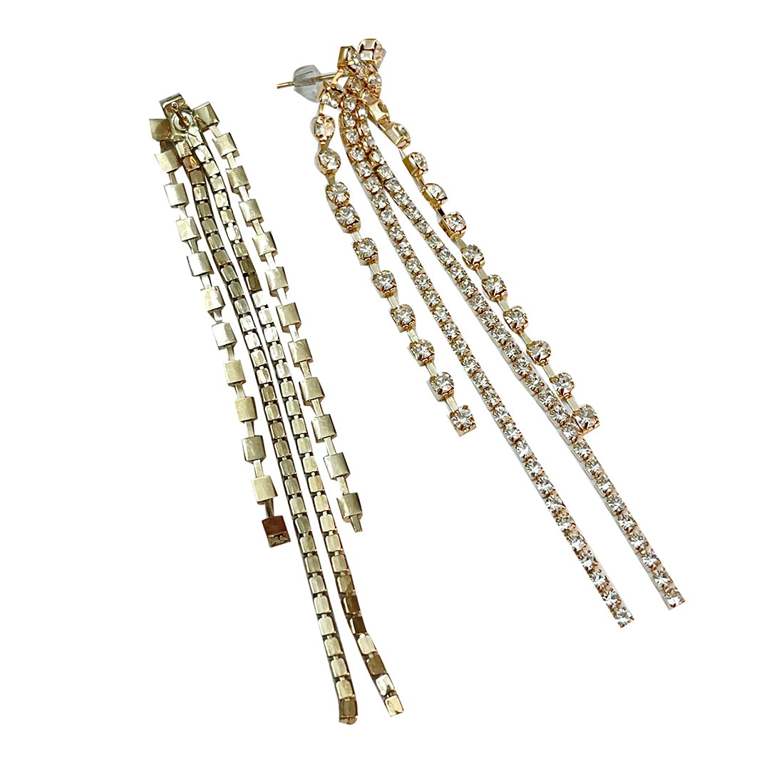 CONTEMPORARY WHITE DIAMANTE CRYSTAL STUDDED GOLD-TONED LONG TASSEL DROP EARRINGS