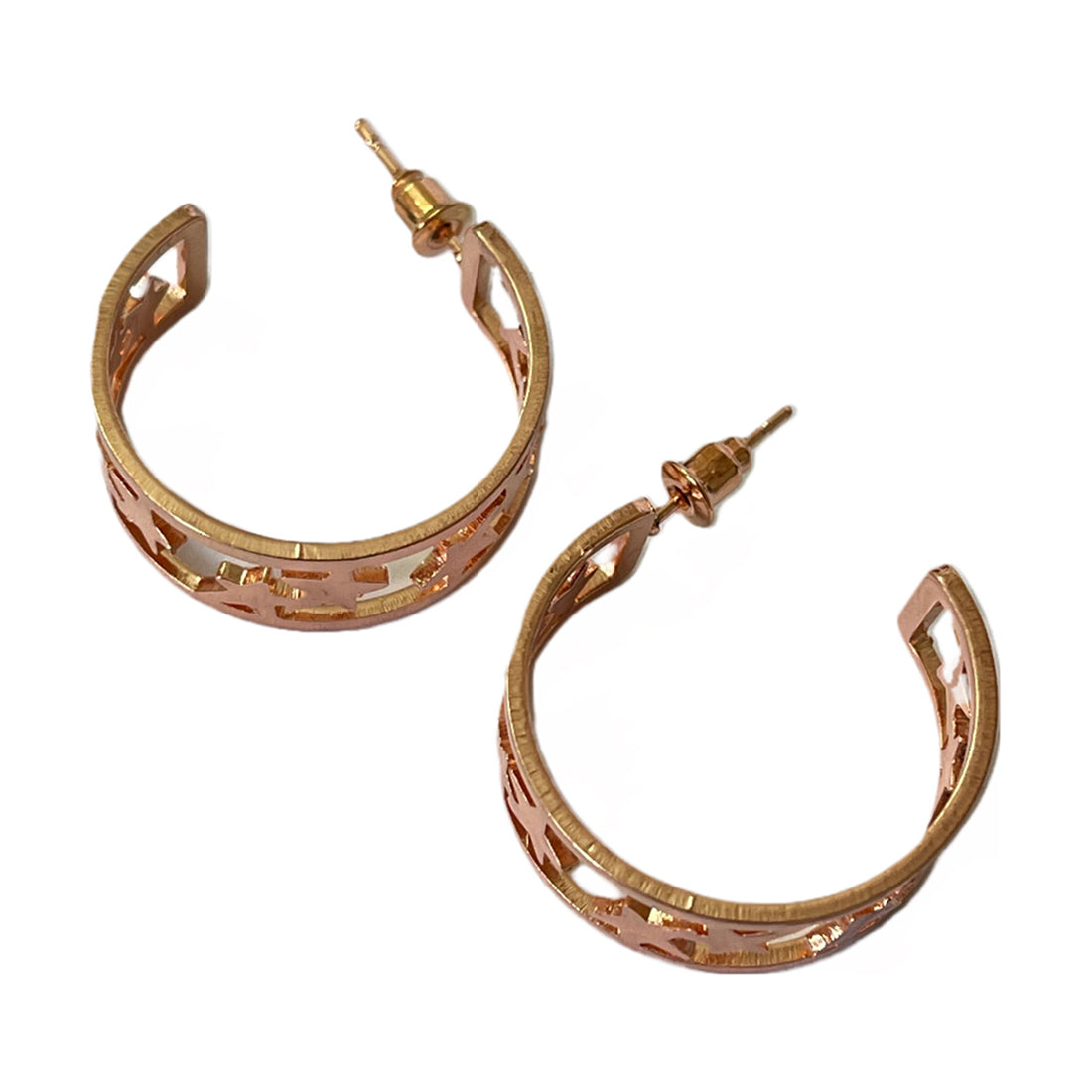 Contemporary Bold Rose Gold-Toned Star Studded Open-Hoop Earrings