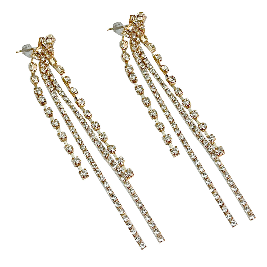 CONTEMPORARY WHITE DIAMANTE CRYSTAL STUDDED GOLD-TONED LONG TASSEL DROP EARRINGS