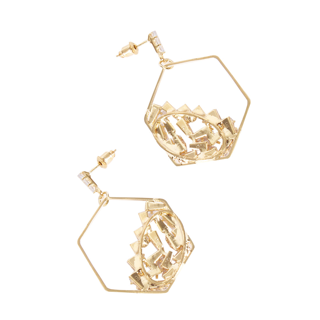 CONTEMPORARY STONE STUDDED GOLD-TONED HEXAGON DROP EARRINGS