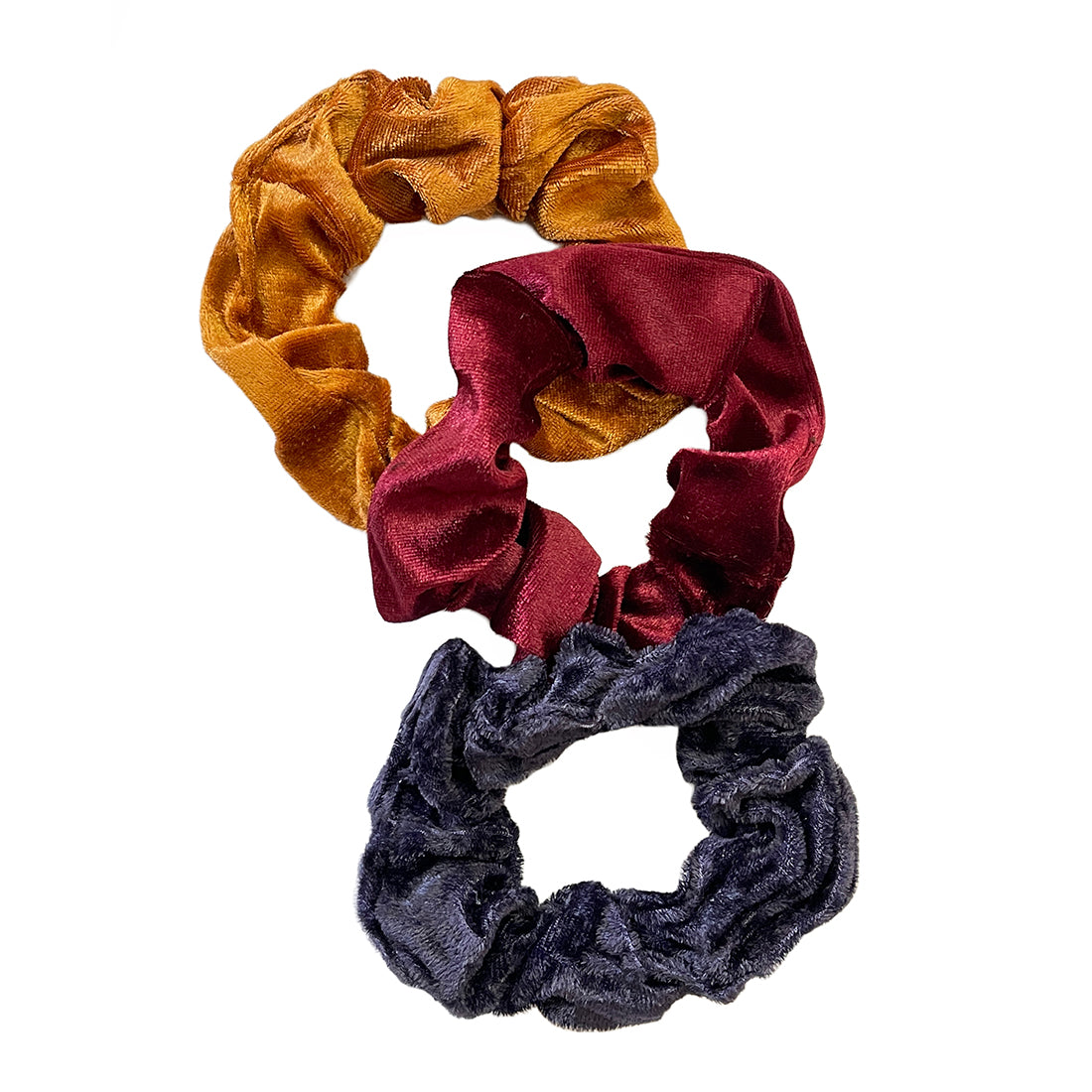 Set Of Three Colorful Velvet Scrunchie Hair Ties