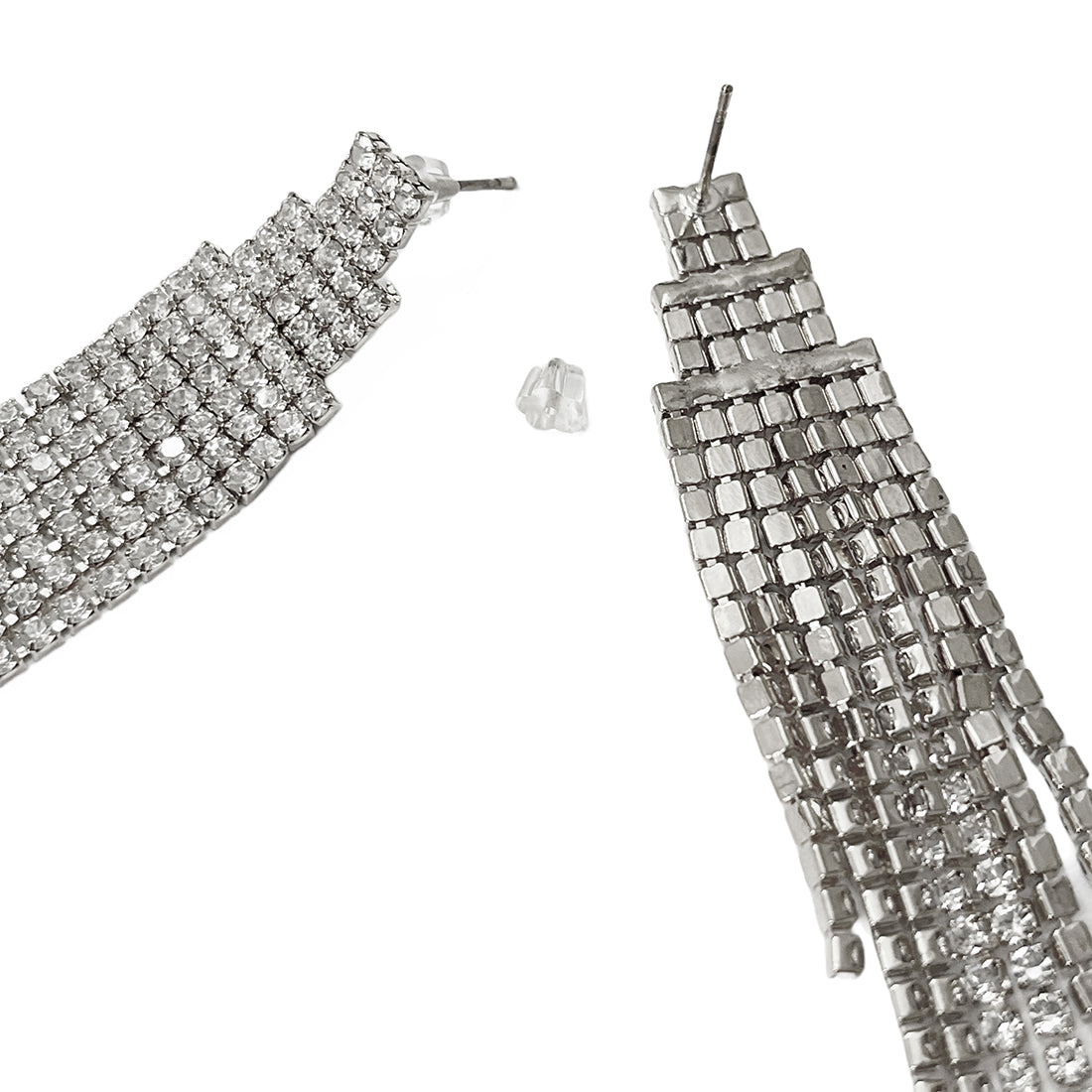 Ayesha Contemporary White Diamante Crystal Studded Silver-Toned Long Tassel Drop Earrings