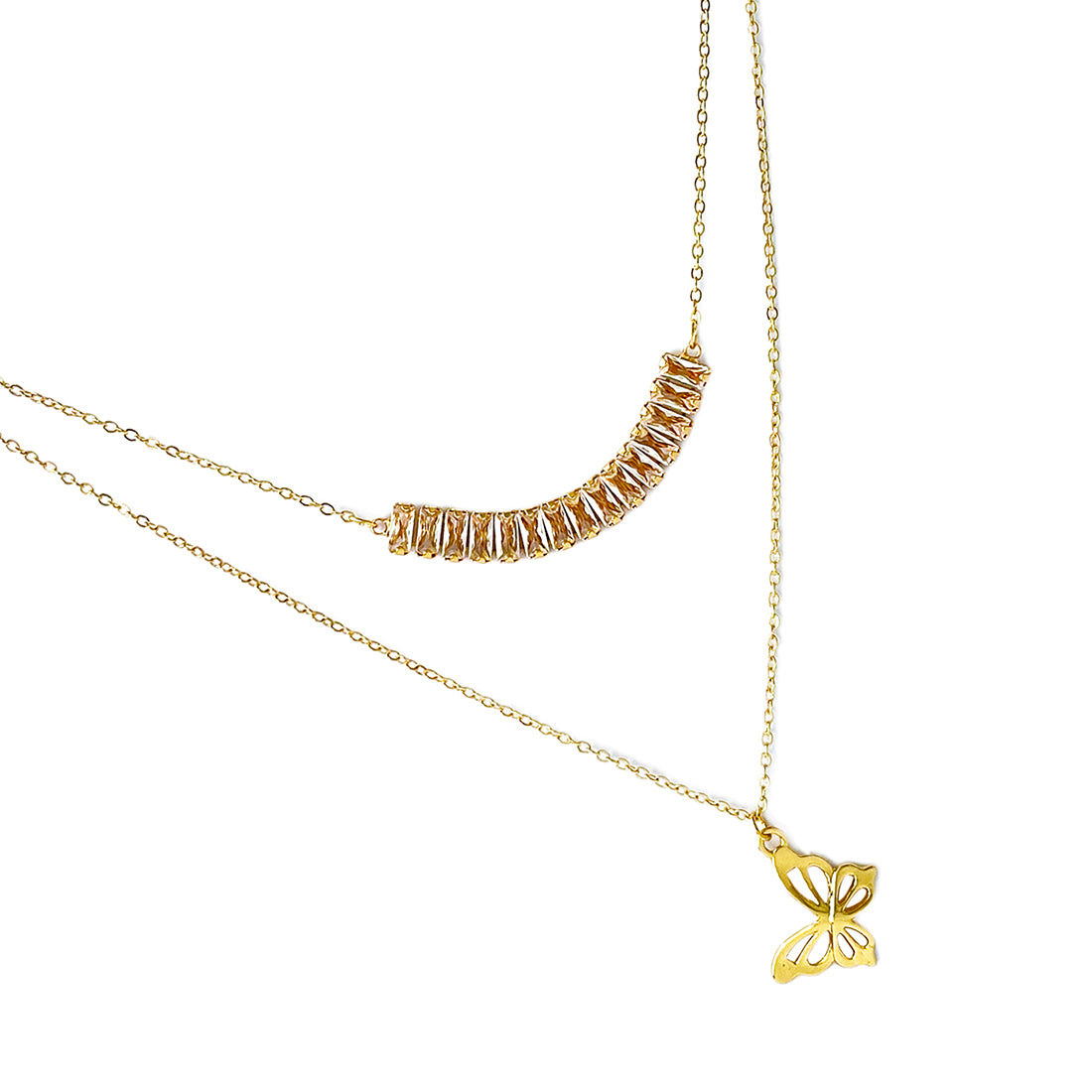Rhinestone Studded Pendant & Metallic Butterfly Pendants Gold-Toned Layered Necklace