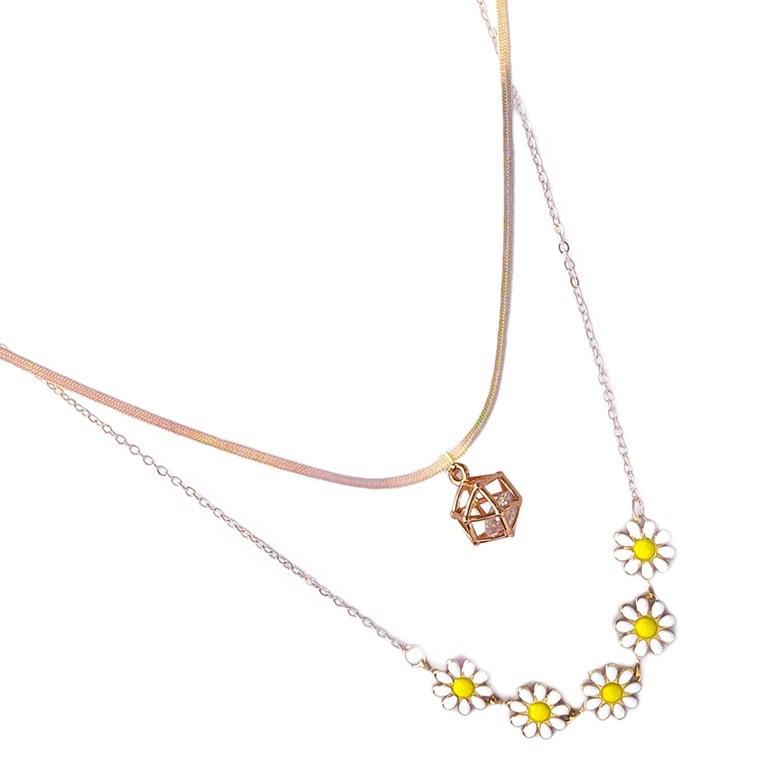Enamel Flower Charm & Square Diamante Pendant Rose Gold-Toned Snake Chain Layered Necklace