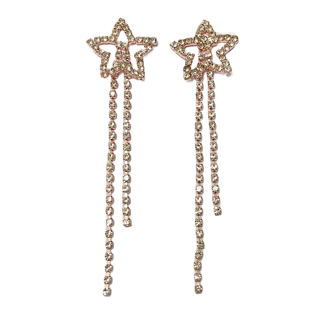 Ayesha Star White Diamante Crystal Studded Rose Gold-Toned Long Tassel Drop Earrings