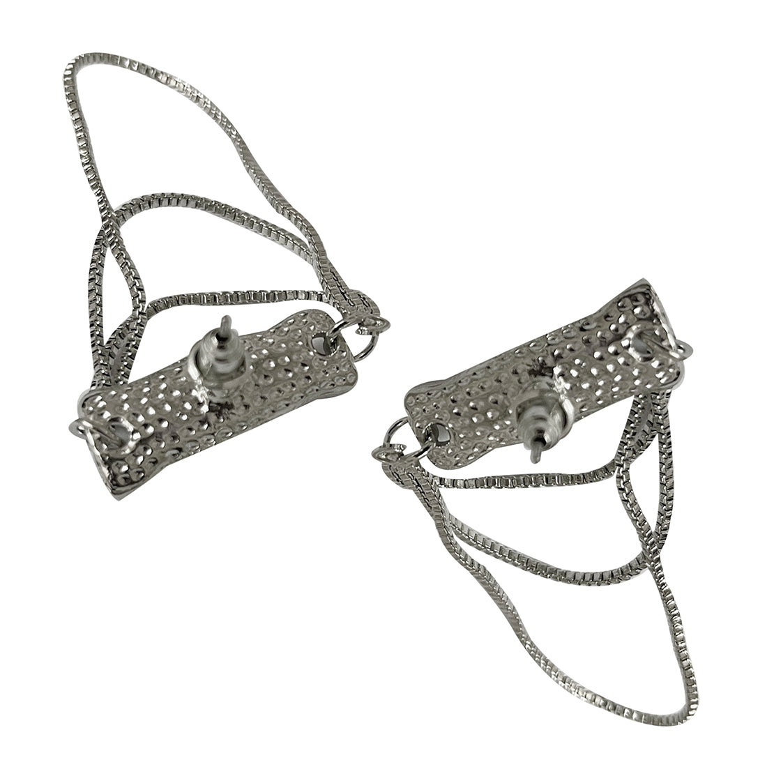 OVERSIZED TEXTURED SILVER-TONED BAR & TASSEL DROP EARRINGS