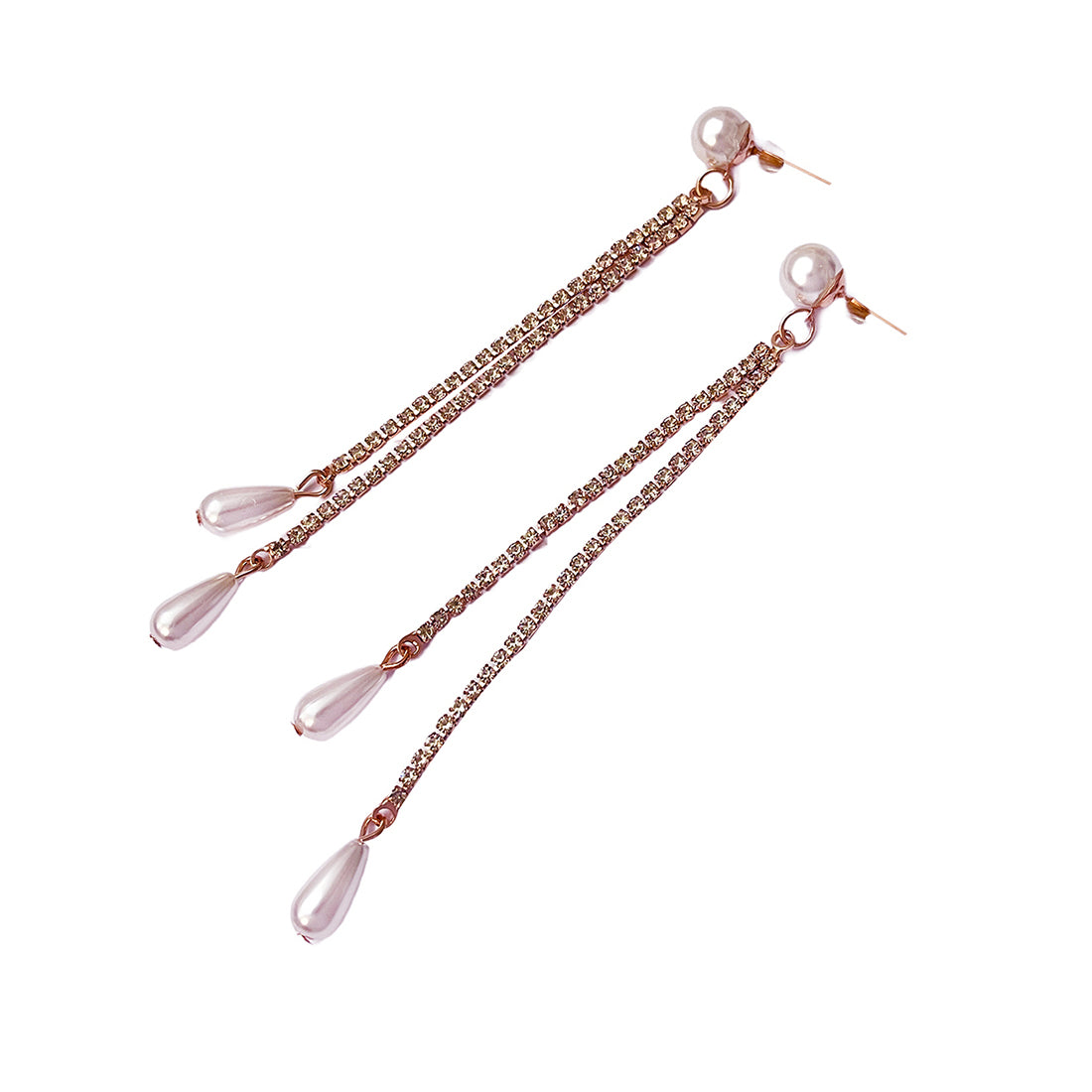 Contemporary Rose Gold-Toned Diamante Crystal & Pearl Studded Long Drop Earrings