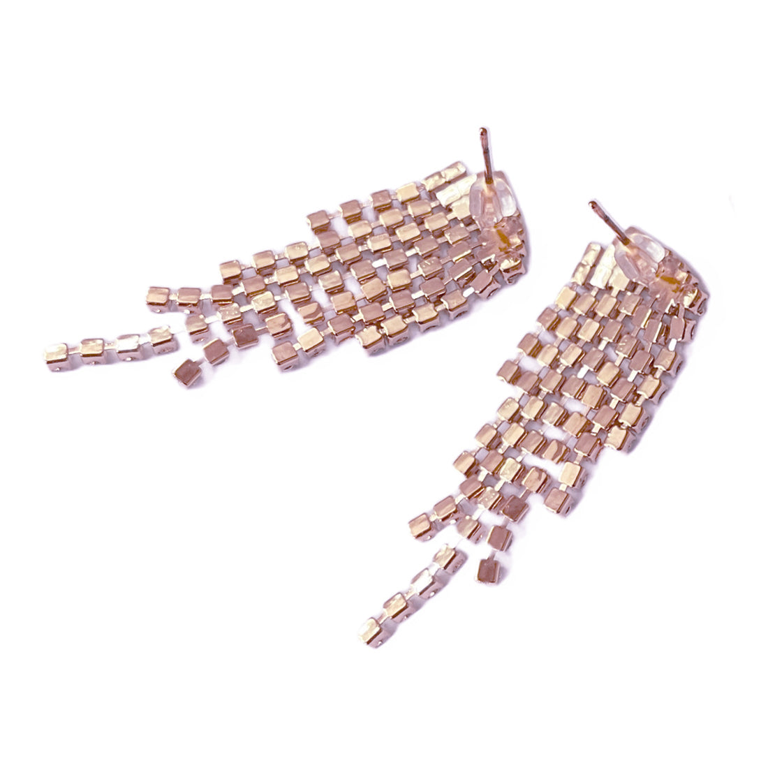 Contemporary White Diamante Crystal Studded Rose Gold-Toned Short Tassel Drop Earrings