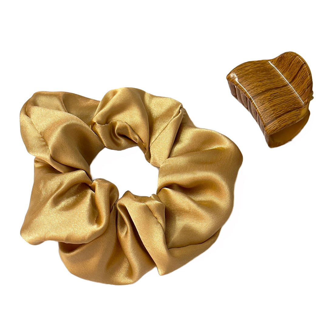 Set Of Two Gold Beige Satin Scrunchie Hair Tie & Hair Clutch