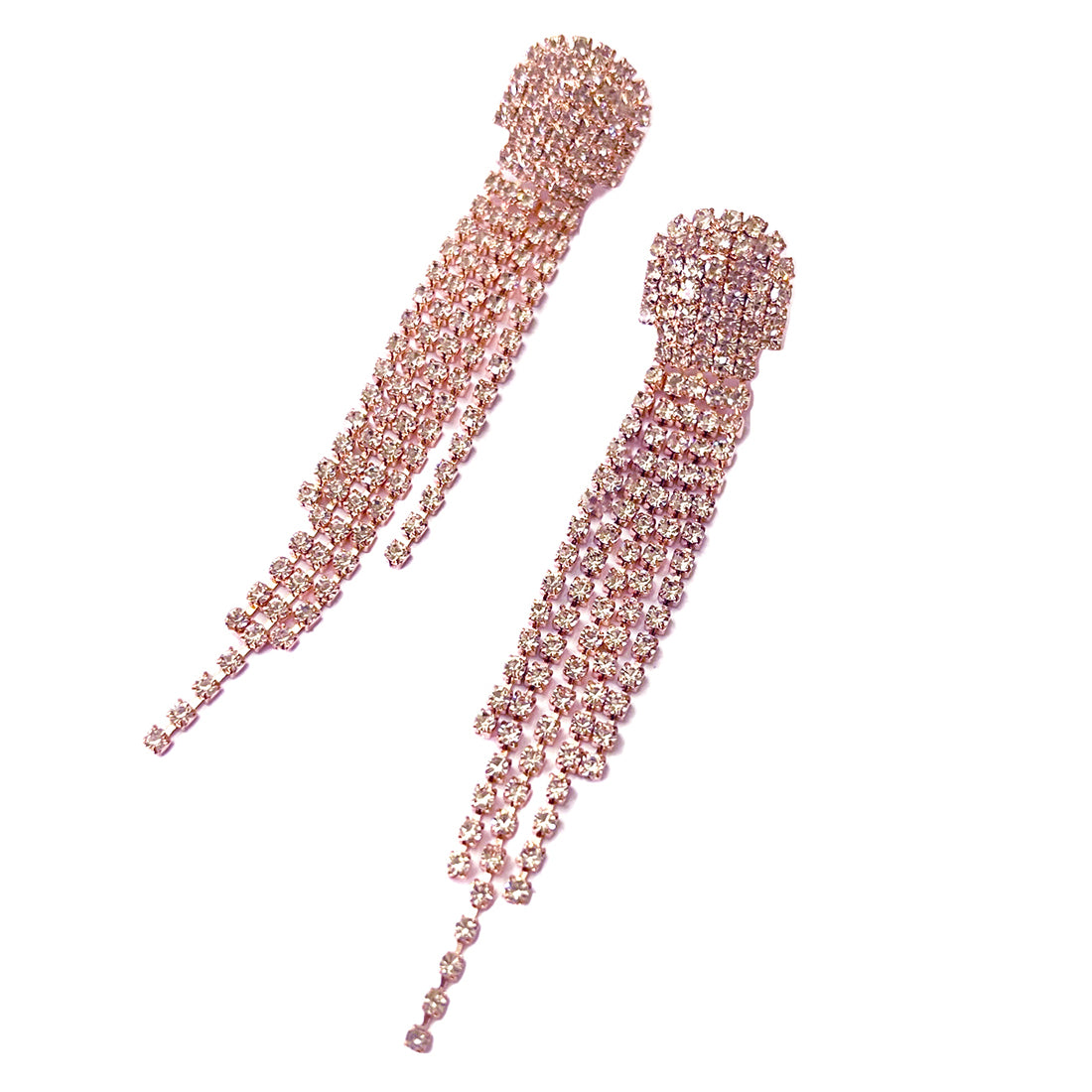 Ayesha Contemporary White Diamante Crystal Studded Rose Gold-Toned Long Tassel Drop Earrings