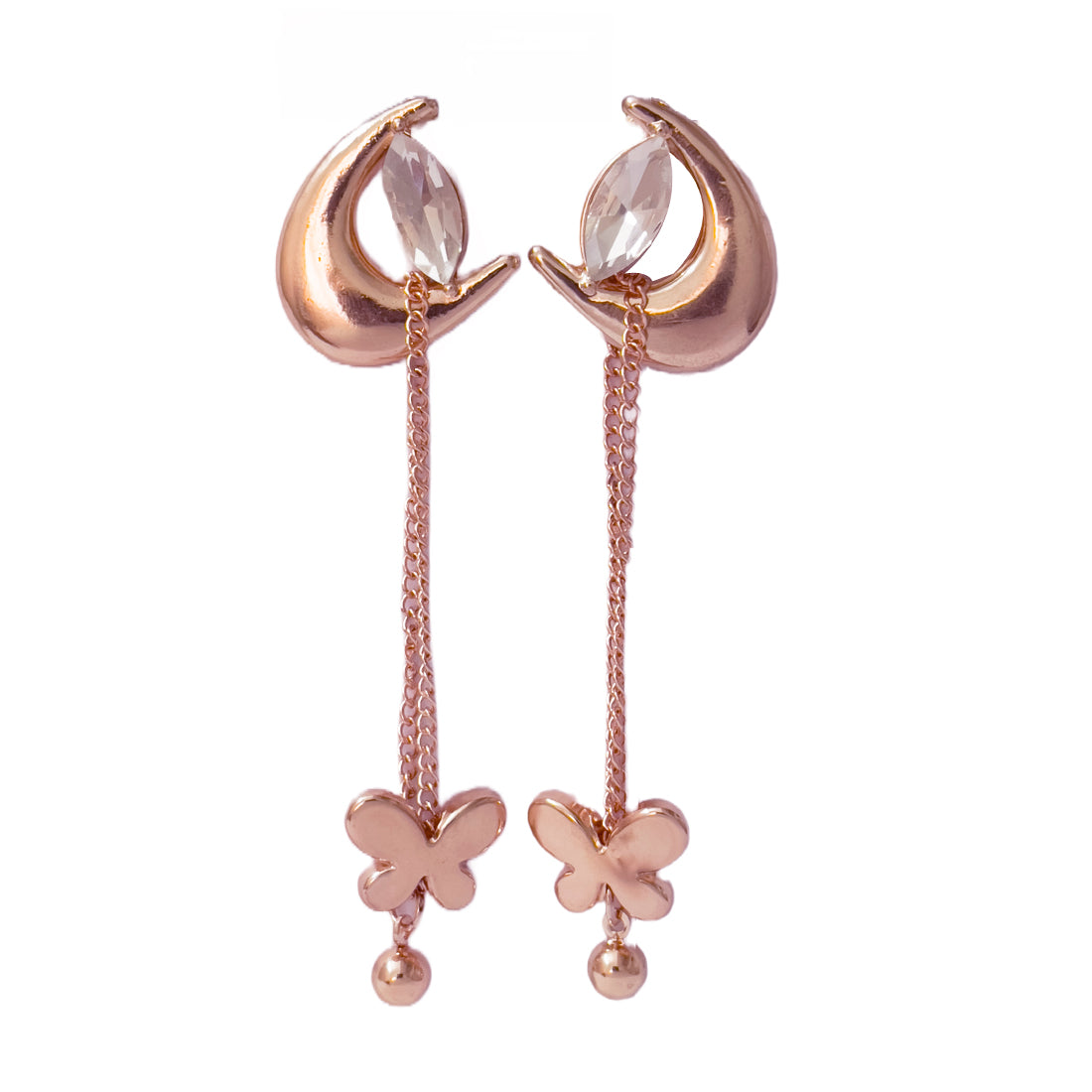 Trendy Rose Gold-Toned Crystal Diamante Moon & Butterfly Drop Earrings