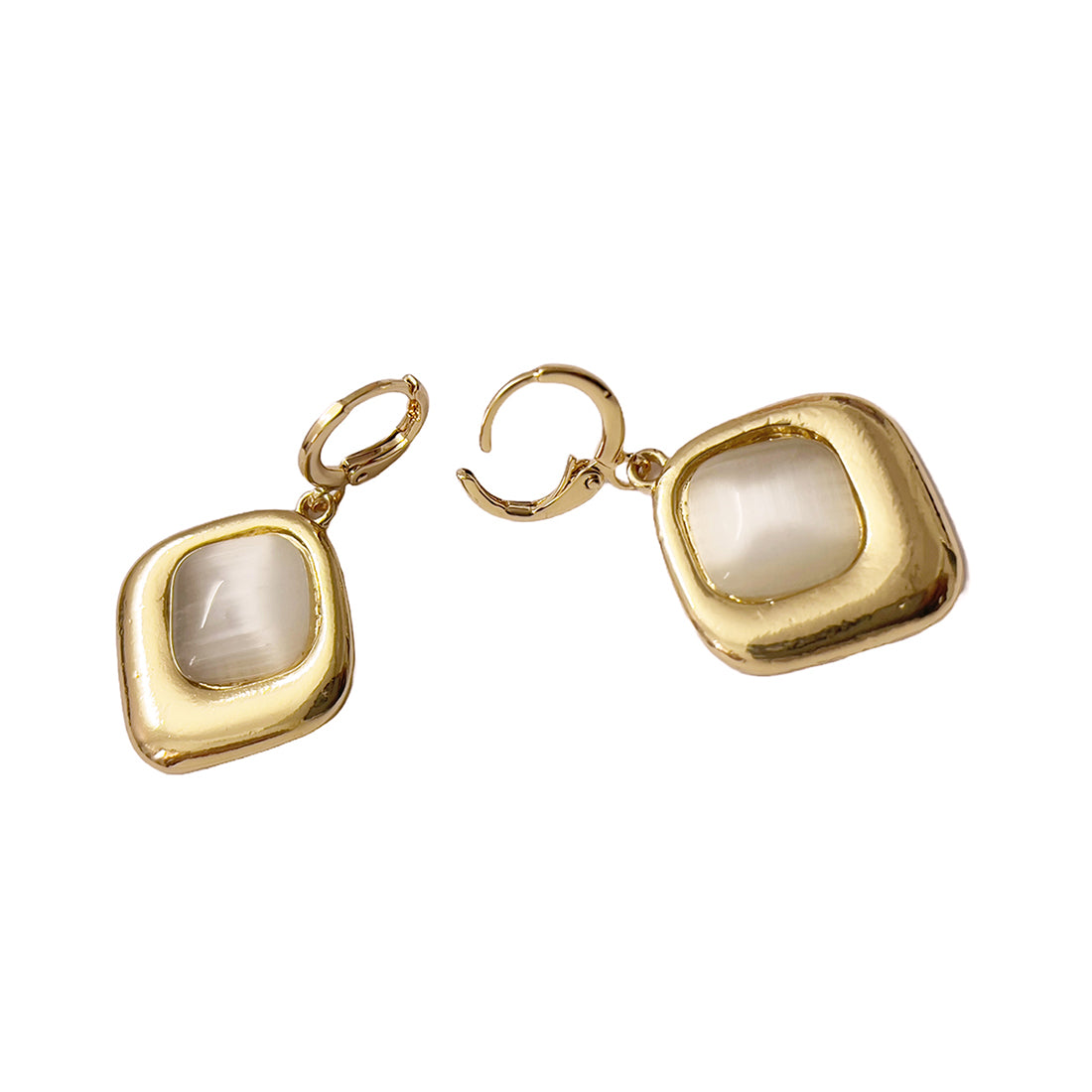 Square White Moonstone Rose Gold-Toned Hoop Drop Earrings