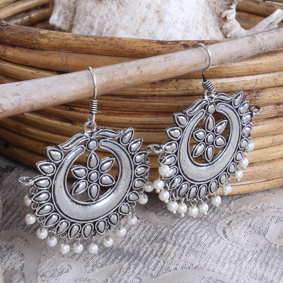 OVERSIZED HANDCRAFTED ETHNIC SILVER-TONED PEARL HOOK DROP EARRINGS