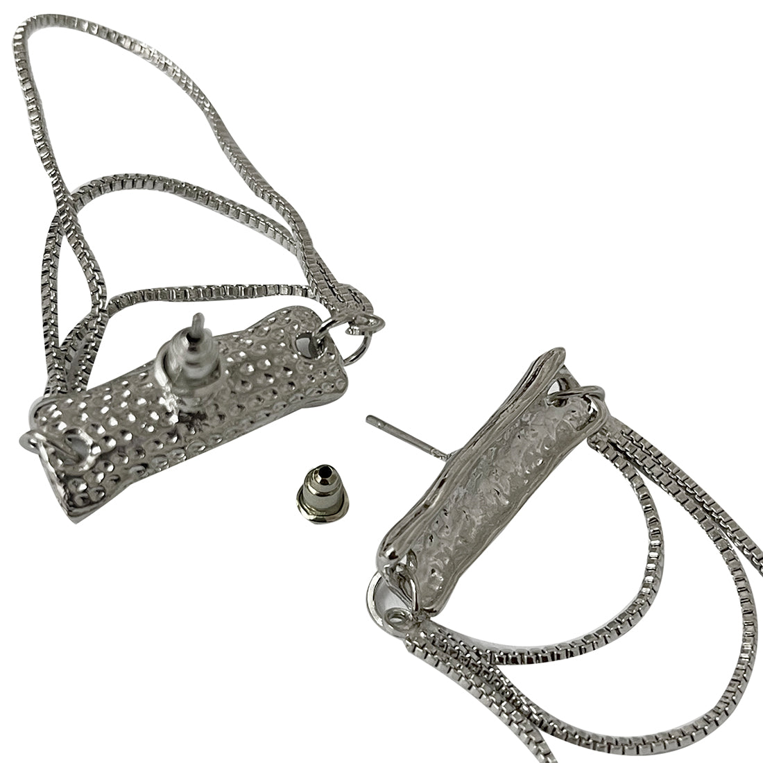 OVERSIZED TEXTURED SILVER-TONED BAR & TASSEL DROP EARRINGS