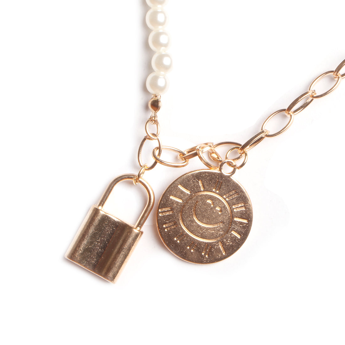 CHUNKY COIN & LOCK PENDANT CHAIN-LINK STATEMENT GOLD-TONED LAYERED NECKLACE