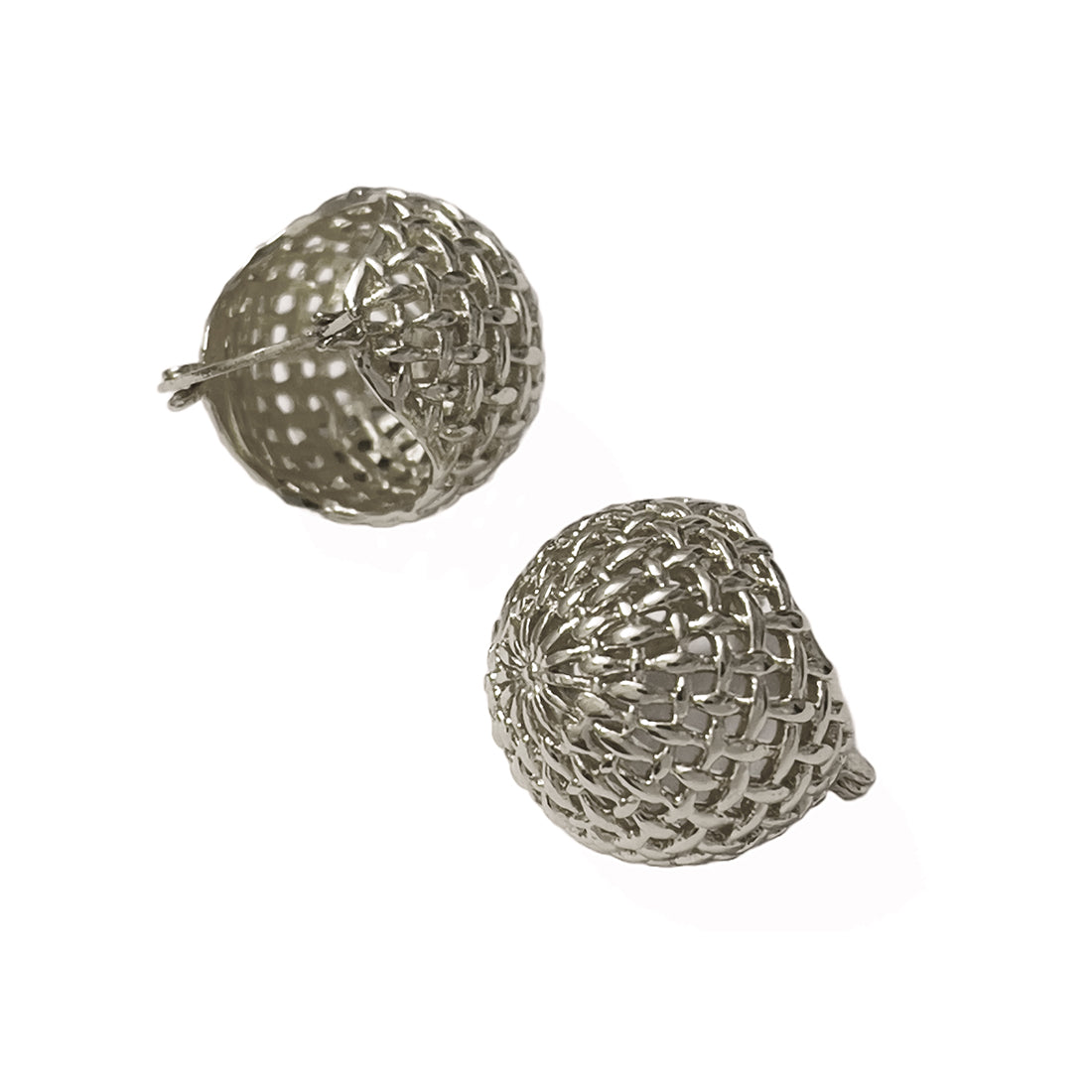 Contemporary Bold Silver-Toned Metallic Mini Disco Ball Basket Hoop Earrings