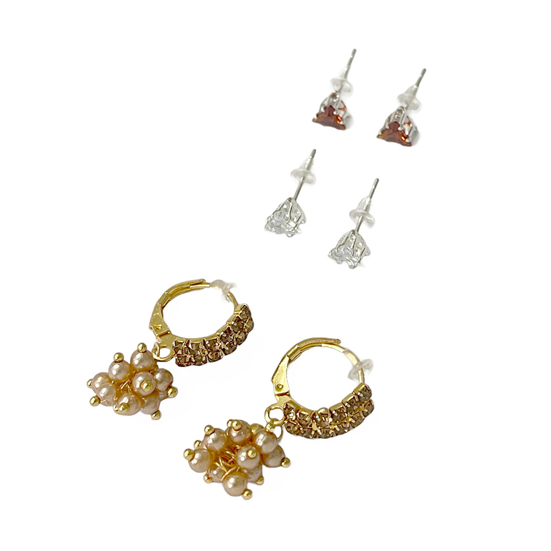Set Of 3 Triangular Silver-Toned Diamante Studs & Gold-Toned Ethnic Studded Hoop Drop Earrings
