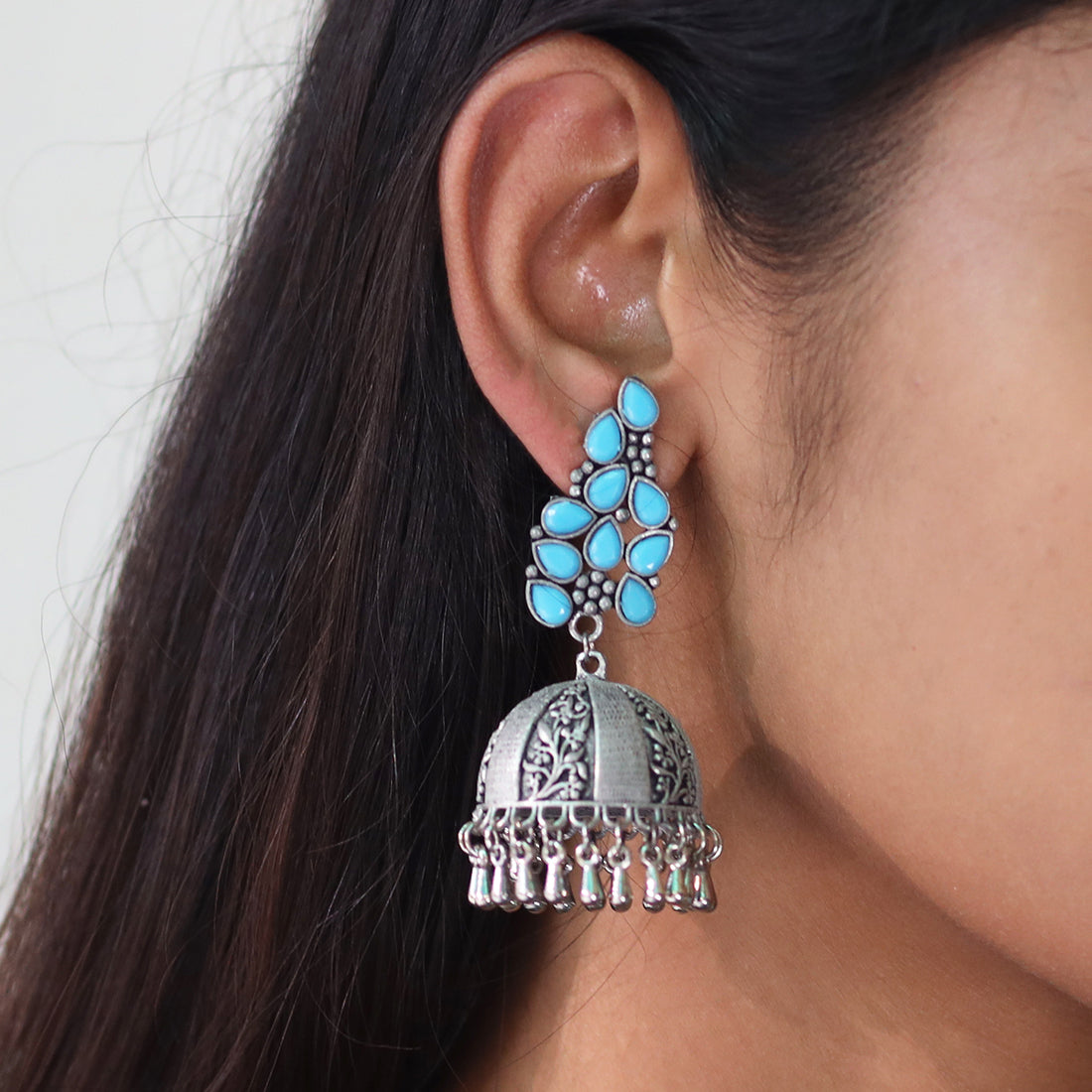 OVERSIZED HANDCRAFTED ETHNIC SILVER-TONED WITH BLUE RHINESTONES GHUNGROO JHUMKA EARRINGS