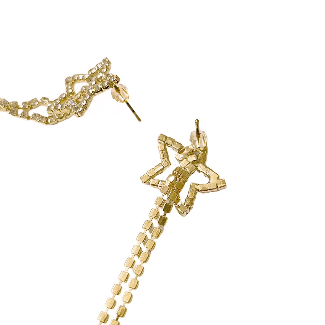 Star White Diamante Crystal Studded Gold-Toned Long Tassel Drop Earrings