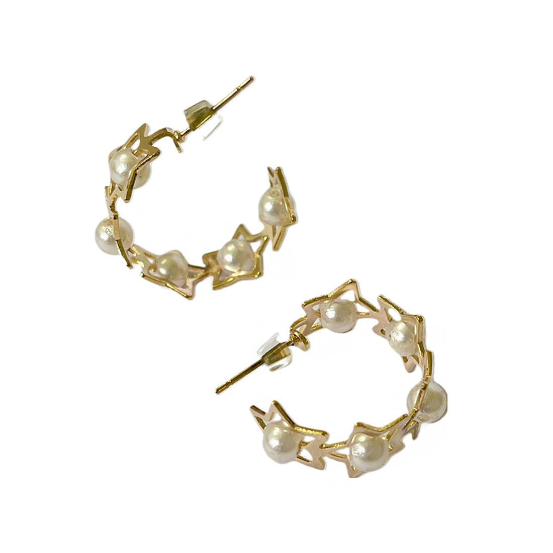Contemporary Bold Gold-Toned Star Pearl Studded Open-Hoop Earrings