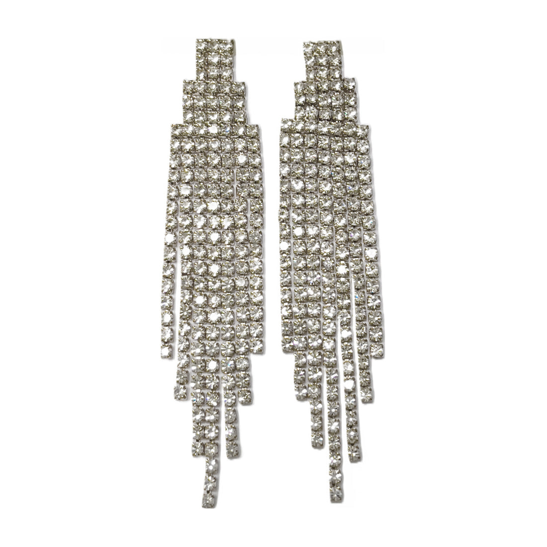 Ayesha Contemporary White Diamante Crystal Studded Silver-Toned Long Tassel Drop Earrings
