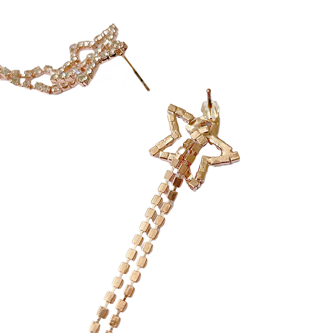 Ayesha Star White Diamante Crystal Studded Rose Gold-Toned Long Tassel Drop Earrings