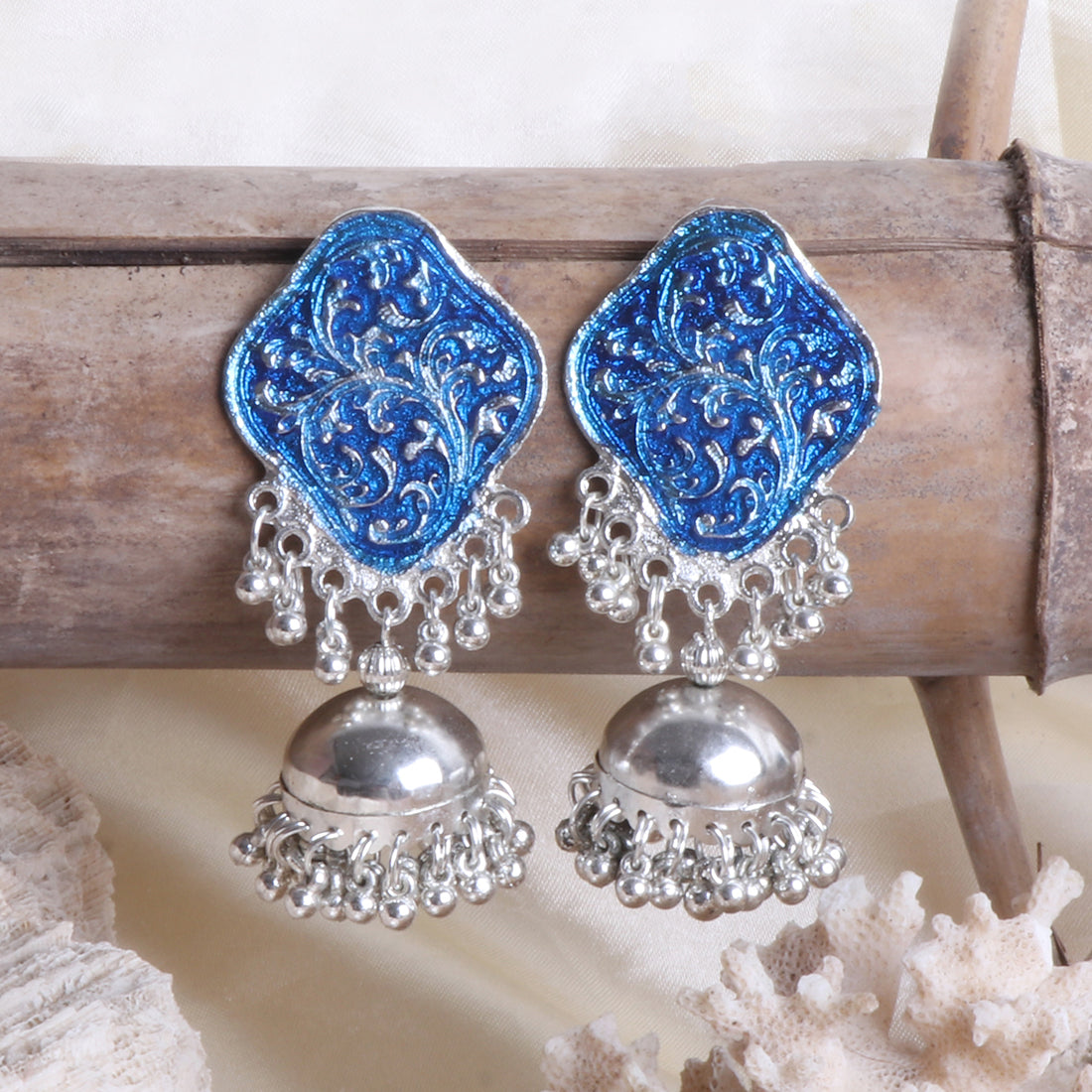OVERSIZED HANDCRAFTED ETHNIC SILVER-TONED BLUE ACRYLIC GHUNGROO JHUMKI DROP EARRINGS