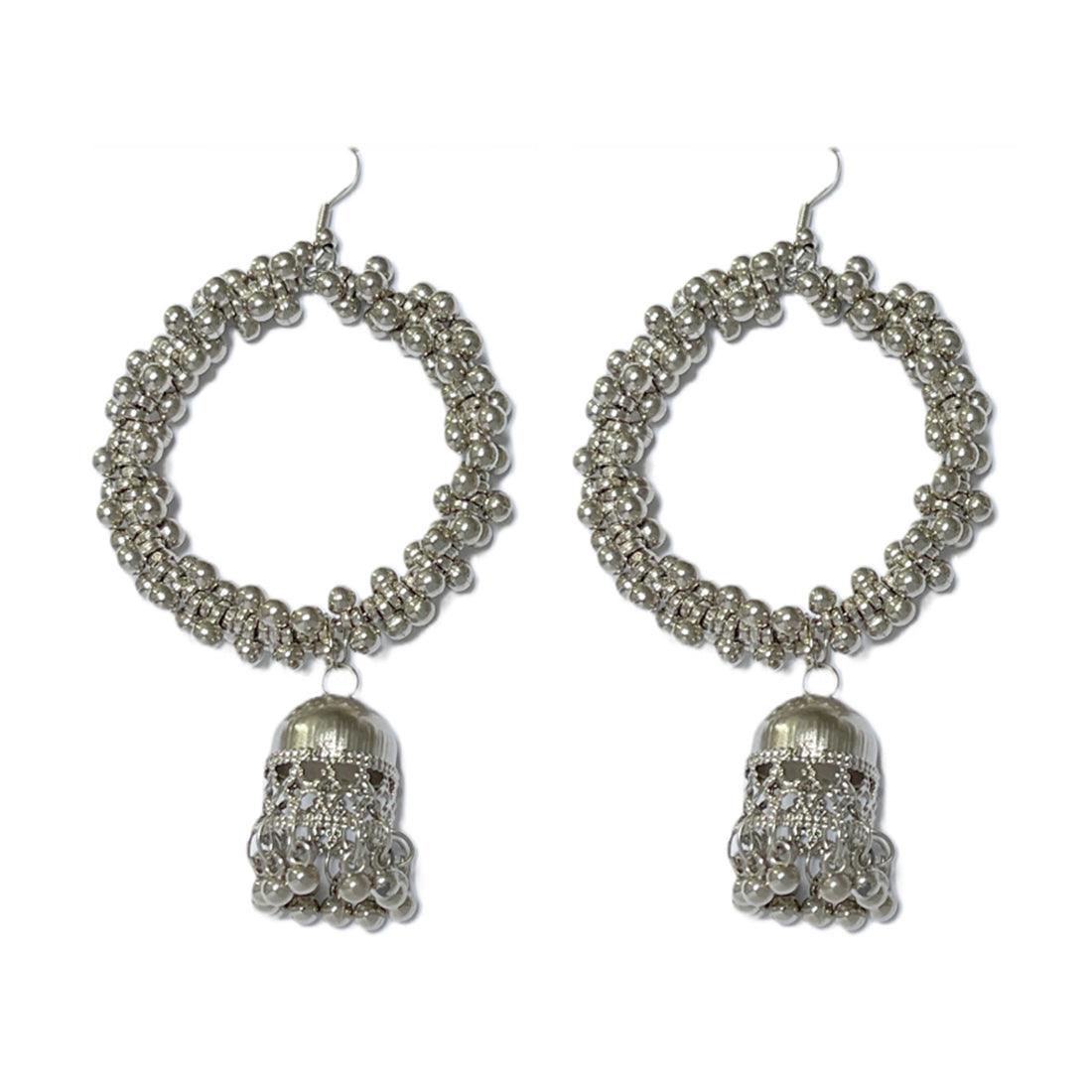 Oversized Handcrafted Ethnic Silver-Toned Ghungroo Circular Jhumki Drop Earrings
