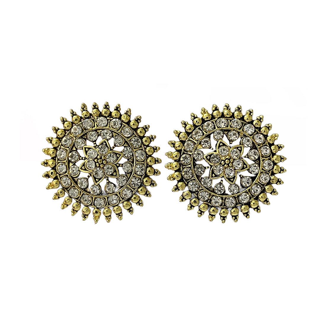 Set Of Two Oxidized Gold Toned Rhinestone Circular Stud & Triangular Pearl Jhumka Earrings