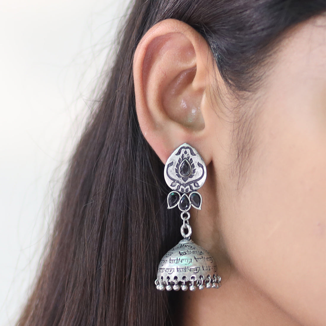 OVERSIZED HANDCRAFTED ETHNIC SILVER-TONED WITH BLACK RHINESTONES GHUNGROO JHUMKA EARRINGS