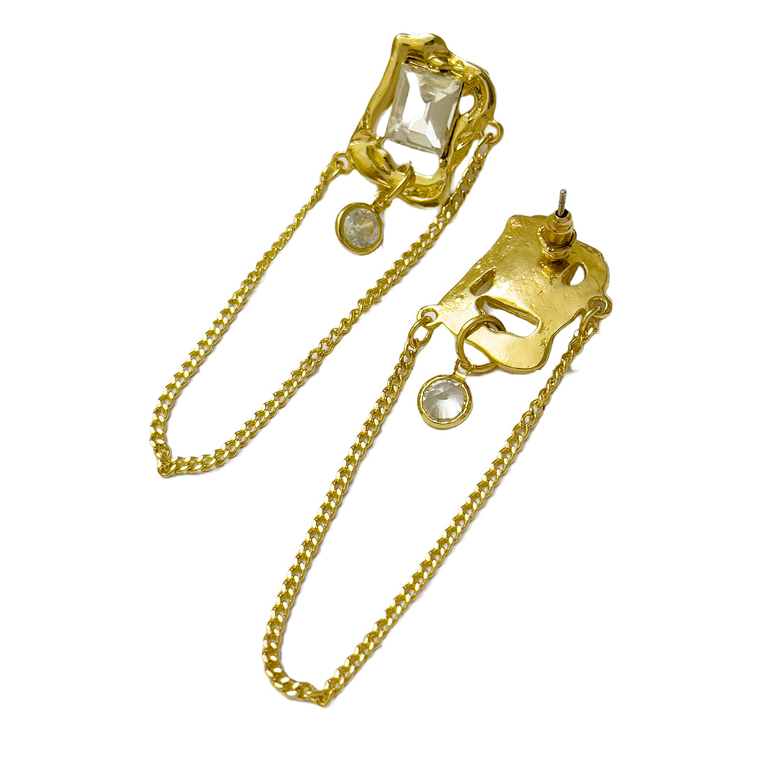 Oversized Hammered Square Gold-Toned Diamante Stud & Tassel Drop Earrings