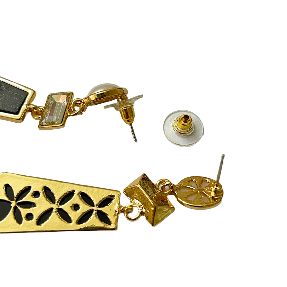 Pearl, Rhinestone & Black Acrylic Gold-Toned Triple Geometric Drop Earrings