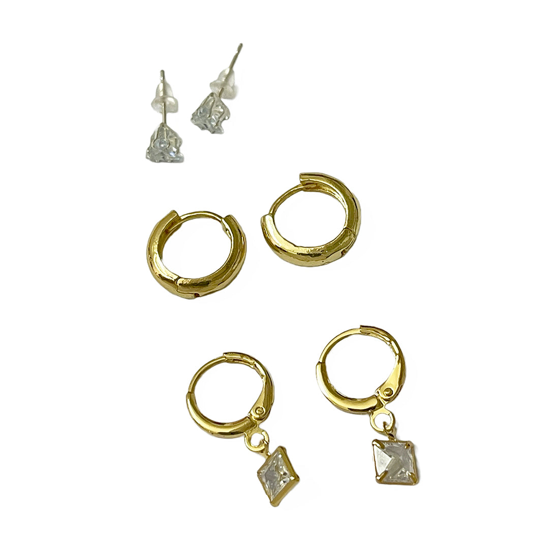 Set Of 3 Gold-Toned Diamante Stud, Drop & Hoop Earrings