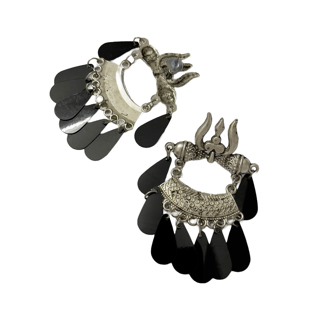 Oversized Handcrafted Ethnic Trishul Silver-Toned With Black Teardrop Charms Chandbali Earrings