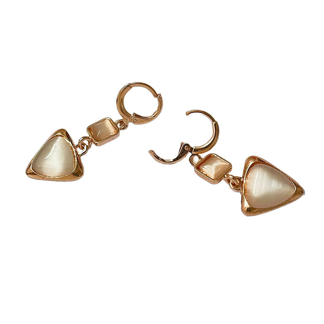 Square & Triangle White Moonstone Rose Gold-Toned Hoop Drop Earrings