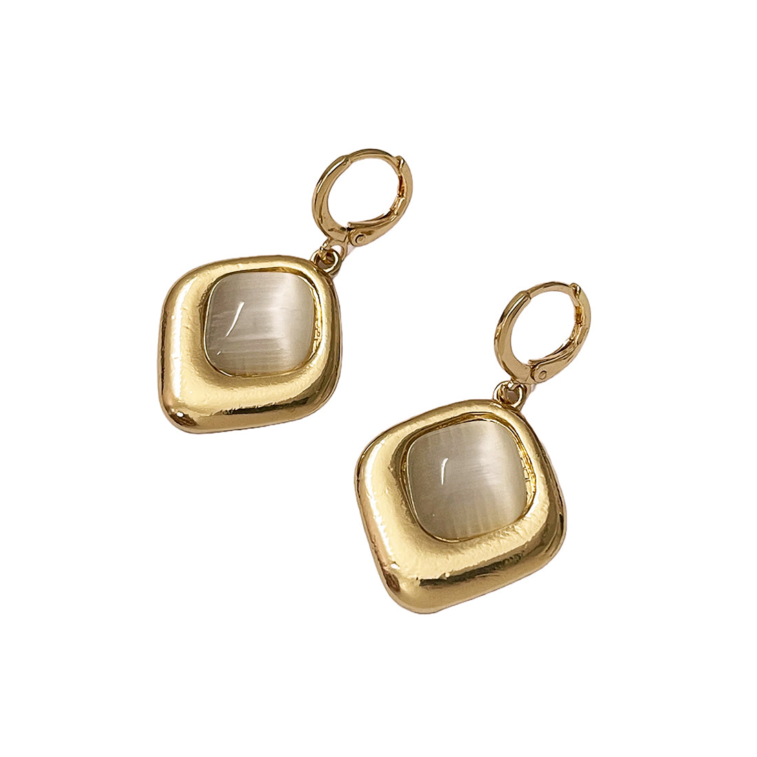 Square White Moonstone Rose Gold-Toned Hoop Drop Earrings