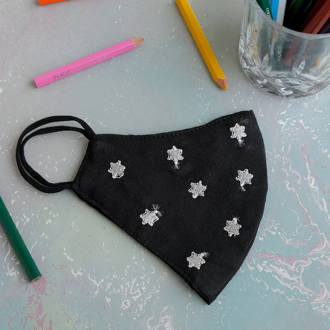 MULTICOLOR UNICORN & STARS EMBROIDERED BLACK CLOTH MASK