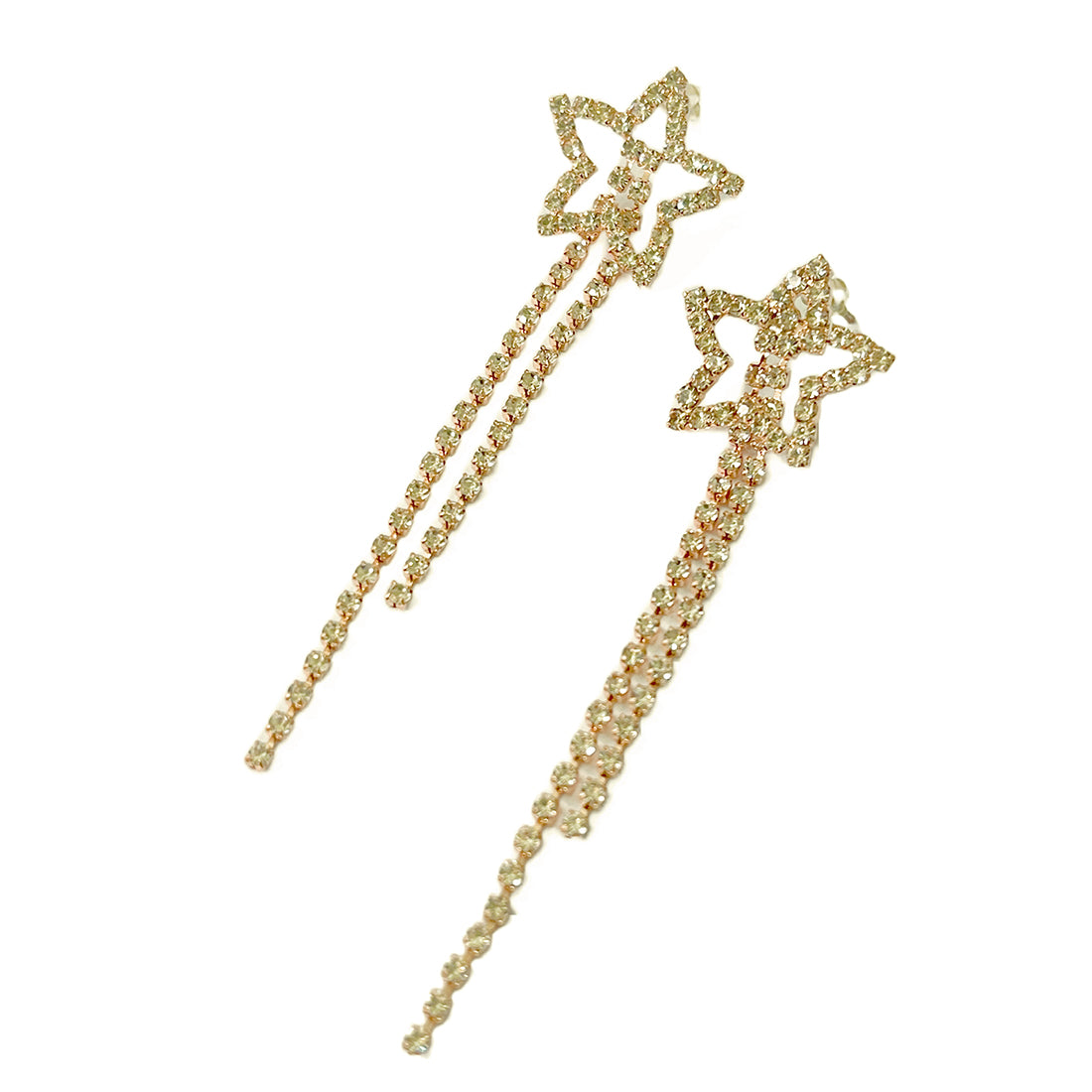 Star White Diamante Crystal Studded Gold-Toned Long Tassel Drop Earrings