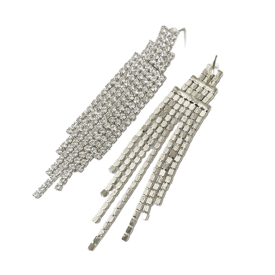 Ayesha Contemporary White Diamante Crystal Studded Silver-Toned Long Tassel Drop Earrings