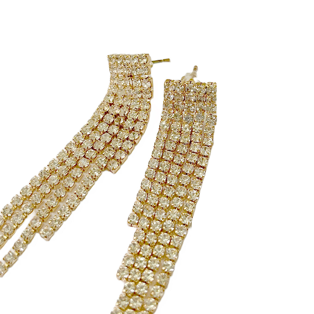 Ayesha Contemporary White Diamante Crystal Studded Gold-Toned Long Asymmetric Tassel Drop Earrings
