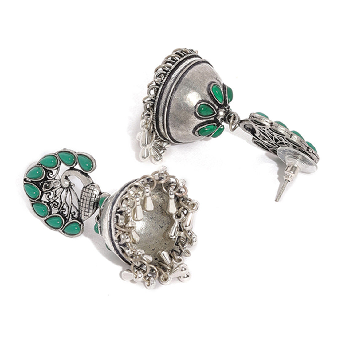 ETHNIC SILVER-TONED PEACOCK GREEN STUDDED GHUNGROO JHUMKI DROP EARRINGS