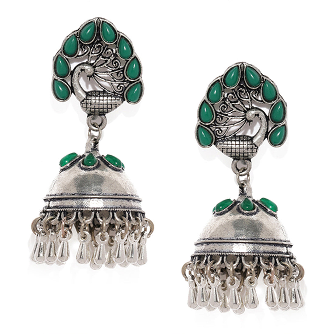 ETHNIC SILVER-TONED PEACOCK GREEN STUDDED GHUNGROO JHUMKI DROP EARRINGS