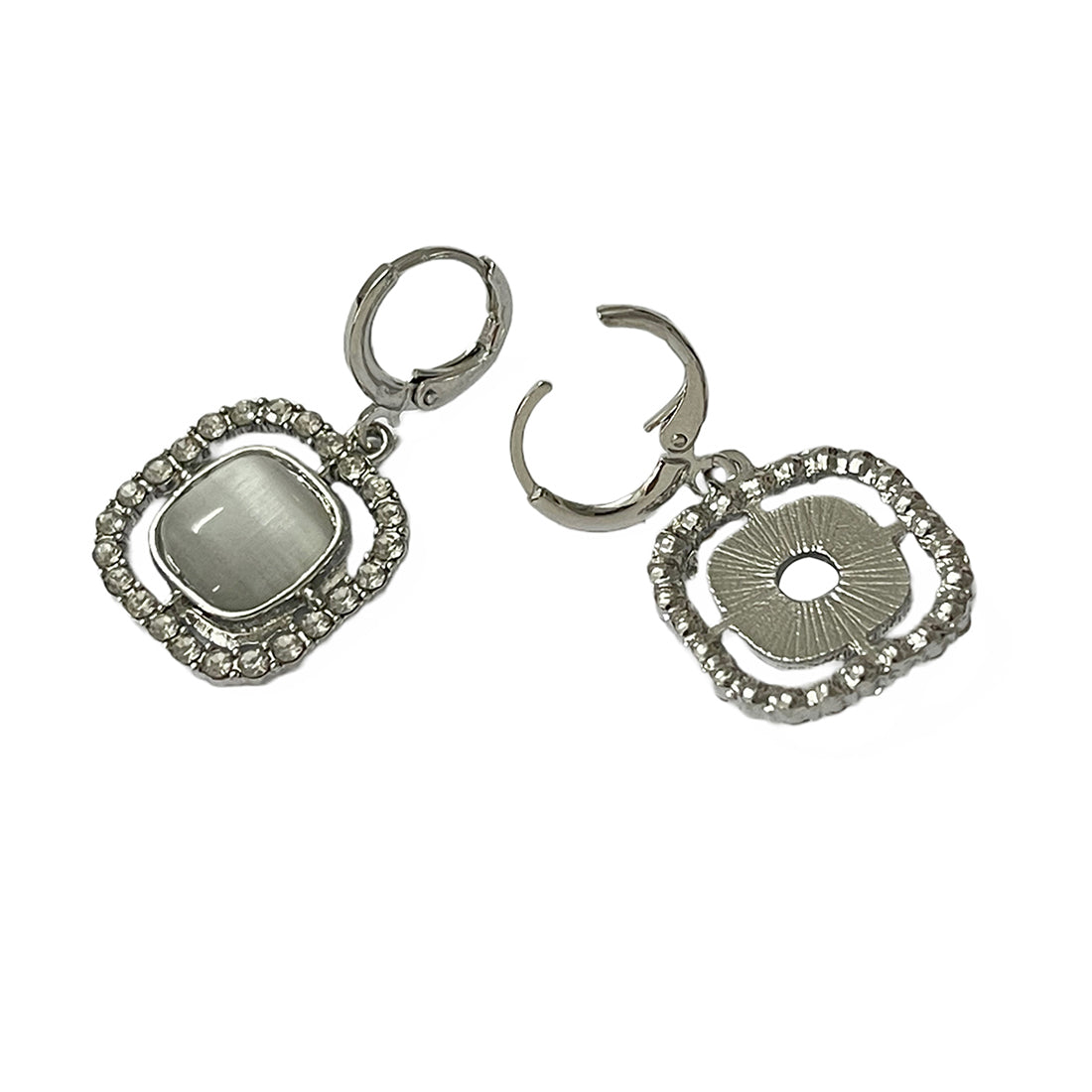 Square White Moonstone With Diamante Studs Silver-Toned Hoop Drop Earrings