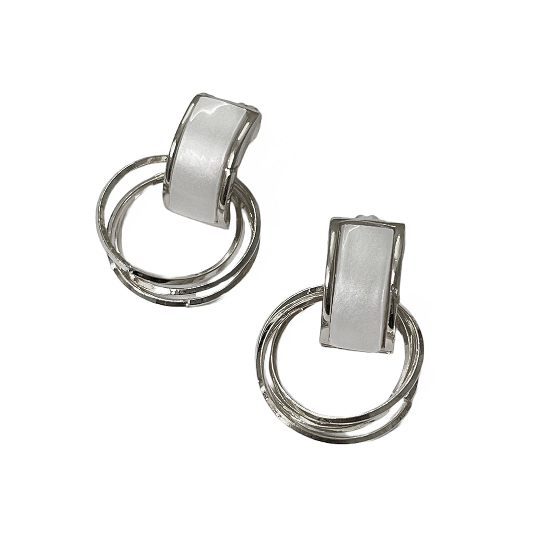 Ayesha Contemporary White Stone Stud Bar & Silver-Toned Metallic Circular Drop Earrings