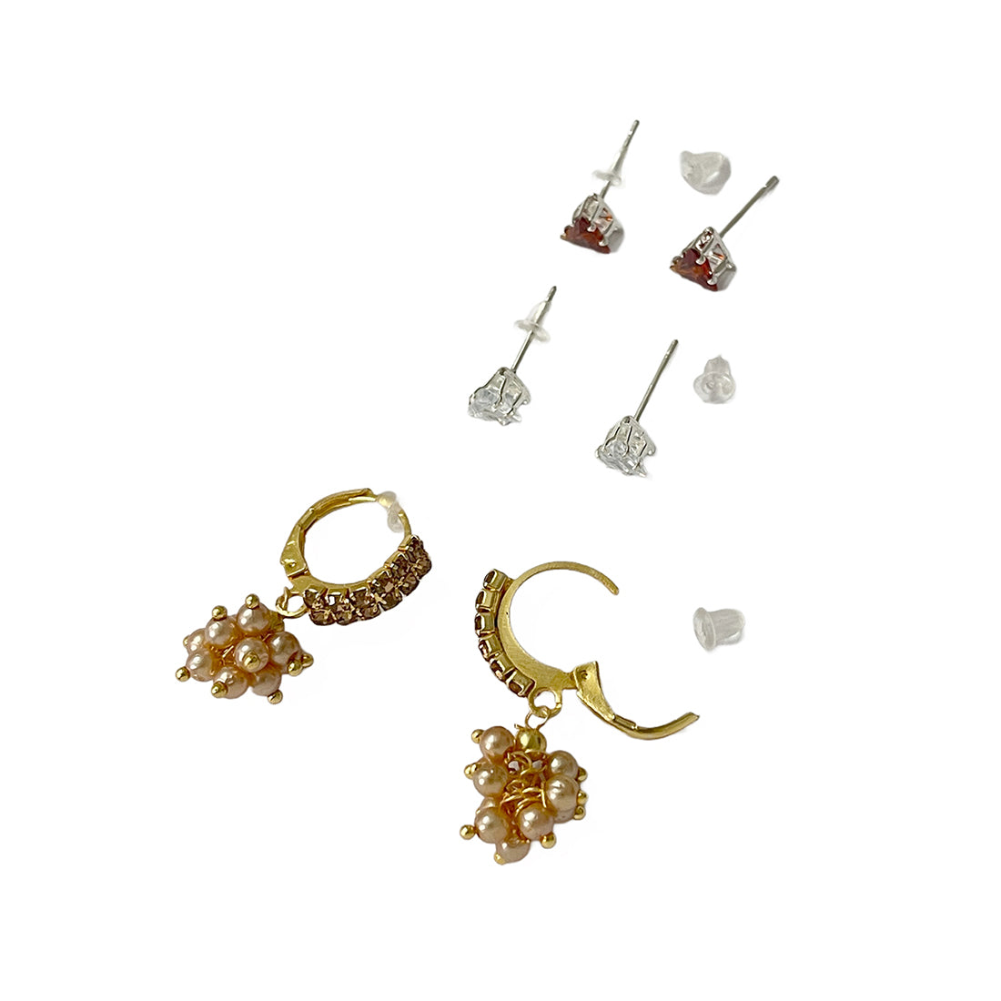 Set Of 3 Triangular Silver-Toned Diamante Studs & Gold-Toned Ethnic Studded Hoop Drop Earrings