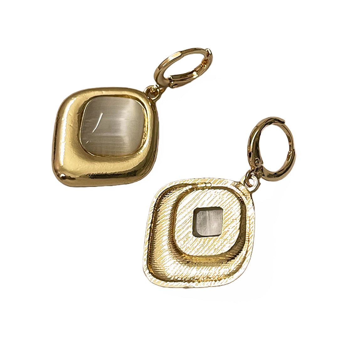 Square White Moonstone Rose Gold-Toned Hoop Drop Earrings