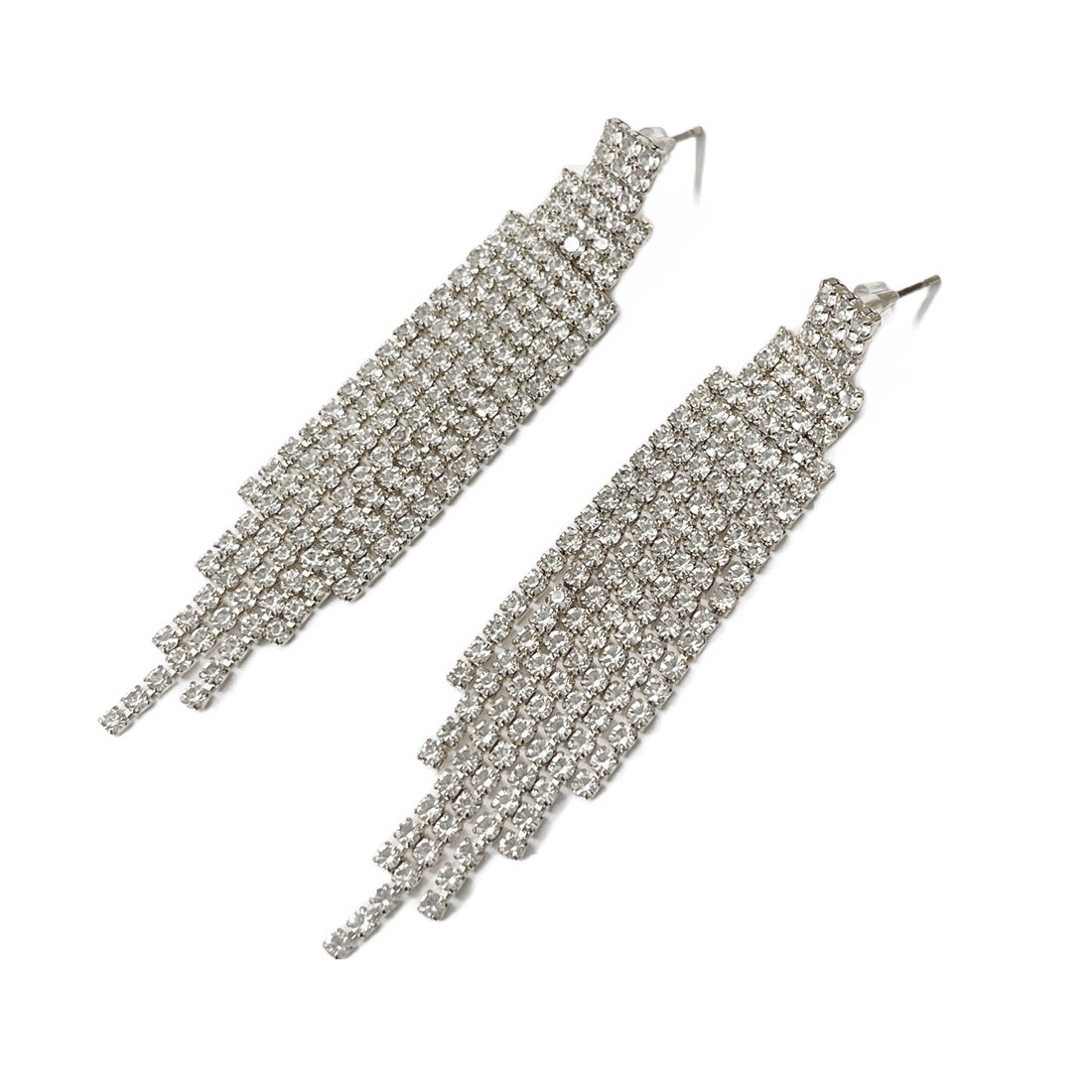 Ayesha Contemporary White Diamante Crystal Studded Silver-Toned Long Tassel Drop Earrings