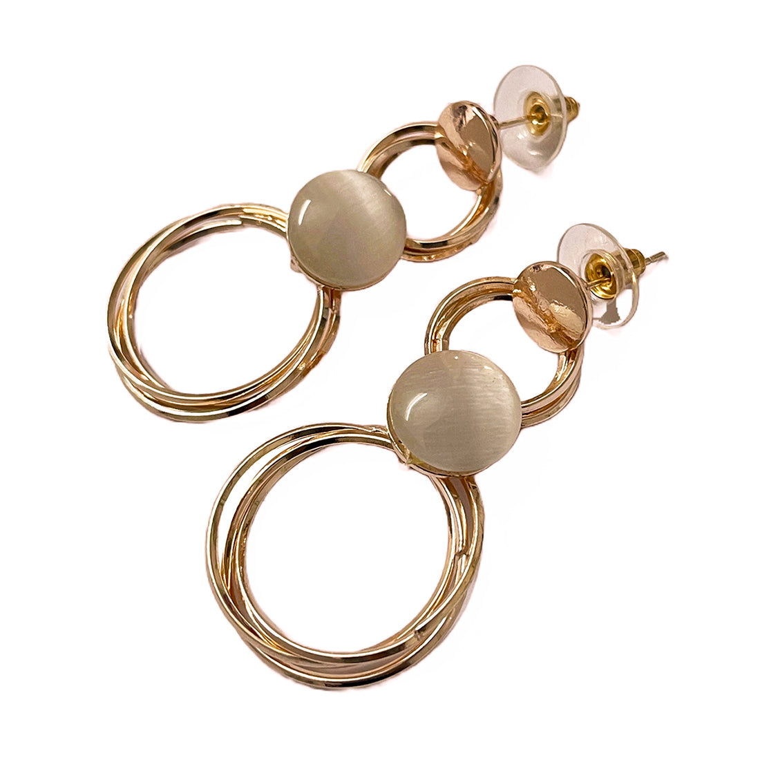 Circular Layered White Moonstone Studded Rose Gold-Toned Drop Earrings